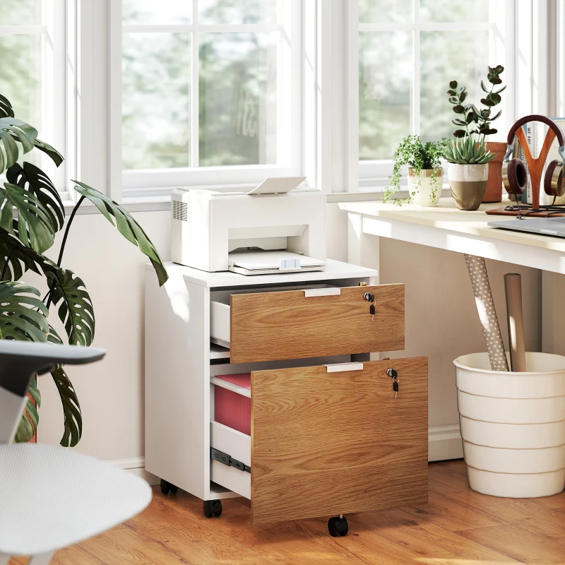 HOMCOM 2 Drawer Small Filing Cabinet Lockable Office Storage Cabinet with Hanging Bars for A4 Legal Letter White Nature Wood