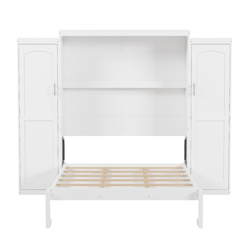 Full Size Murphy Bed with 2 Wardrobes and Storage Shelf, Multifunctional Foldable Platform Bedframe for Guest Room, 83" L x 104" W x 82.5" H, White