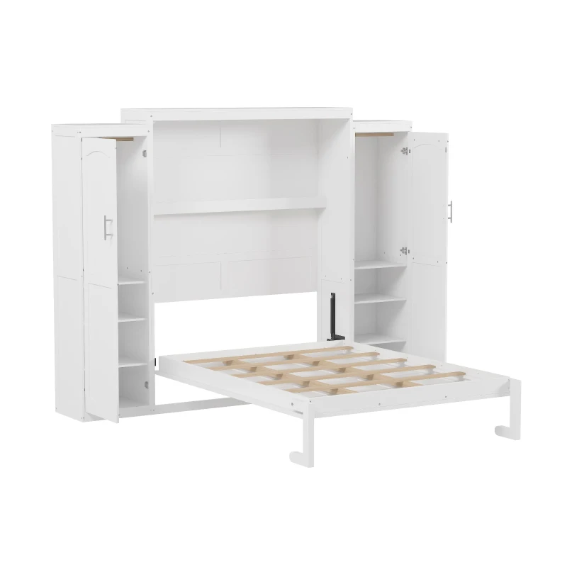 Full Size Murphy Bed with 2 Wardrobes and Storage Shelf, Multifunctional Foldable Platform Bedframe for Guest Room, 83" L x 104" W x 82.5" H, White