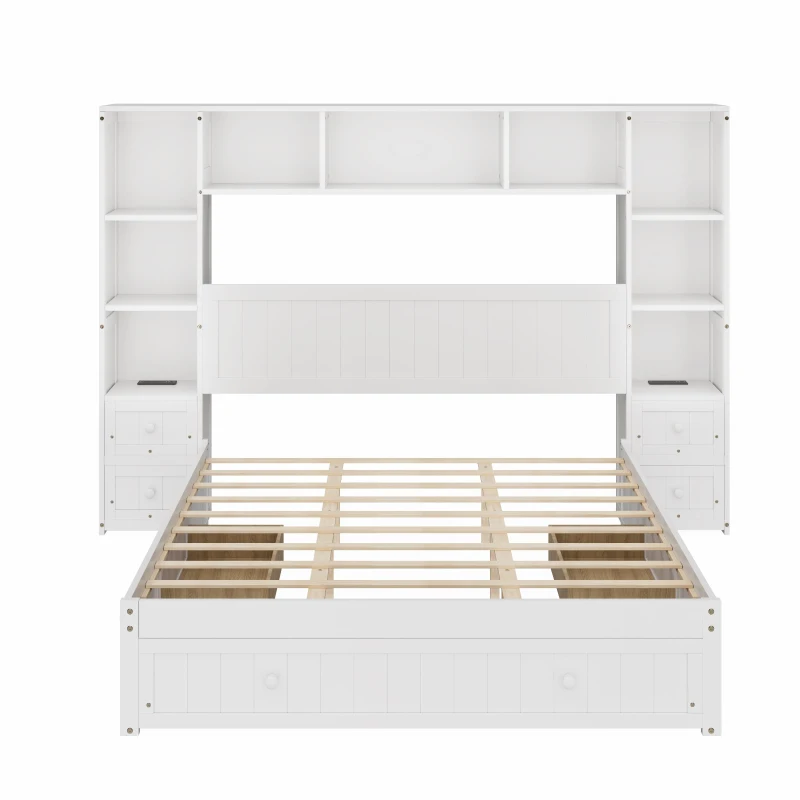 Queen Size Pine Wood Platform Bed with 2 Nightstands, Storage Shelf, Captain Bed Frame with 3 Drawers, 96" L x 93.5" W x 63.5" H, White