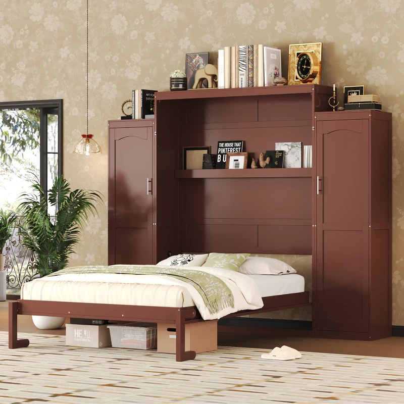 Queen Size Murphy Bed with 2 Wardrobes, Foldable Platform Bed Frame with Storage Shelf, 89" L x 110.5" W x 88.5" H, Walnut