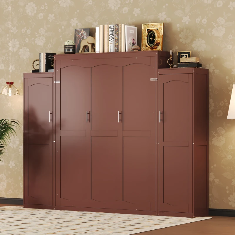 Queen Size Murphy Bed with 2 Wardrobes, Foldable Platform Bed Frame with Storage Shelf, 89" L x 110.5" W x 88.5" H, Walnut