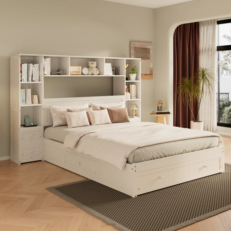 Full Size Pine Wood Platform Bed with Nightstands, Storage Shelf, Cabinet, Captain Bed Frame with Drawers, 91" L x 87" W x 63.5" H, White