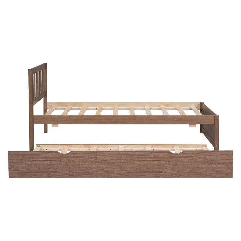 Modern Wooden Twin Size Platform Bed Frame with Trundle, Space-Saving Design, Rubber Wood Construction, 79.5" L x 42" W x 35.5" H, Walnut