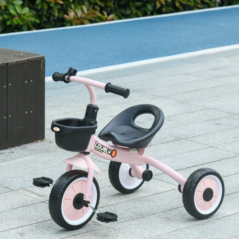 Qaba Tricycle for Toddler 2-5 Year Old Girls and Boys, Toddler Bike with Adjustable Seat, Basket, Bell, Pink