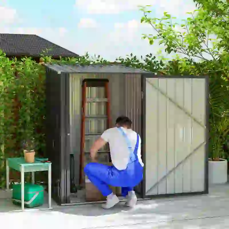 Outsunny 3.3' x 3.4' Lean-to Garden Storage Shed, Outdoor Galvanized Steel Tool House with Lockable Door for Patio Dark Gray