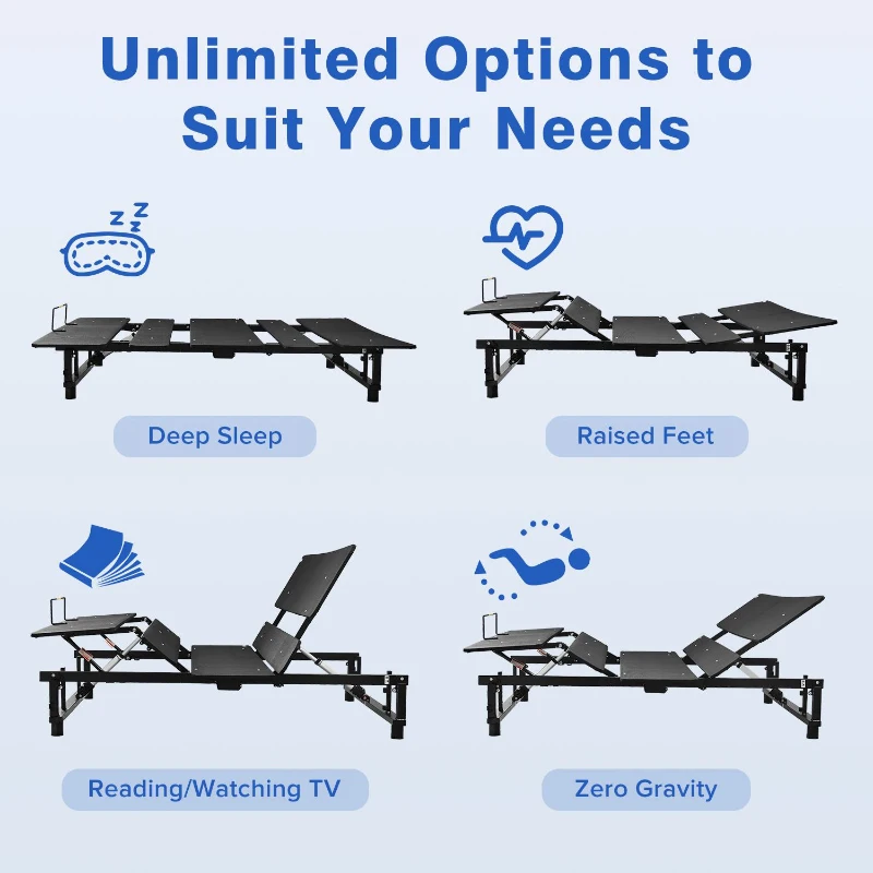 Adjustable Queen Bed Base Frame with Head and Foot Incline, Wireless Remote, Zero Gravity, Quiet Motor, 79" L x 59" W x 13" H, Black
