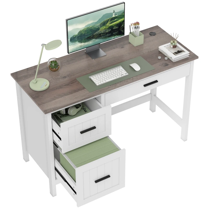 HOMCOM Computer Desk with 3 Drawers, Farmhouse Home Office Desk with File Drawer and Wood Grain Top for Small Spaces, White