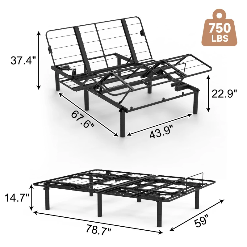 Queen Size Zero-Clearance Adjustable Bed Base with Head and Foot Incline, Quiet Motor, Dual USB A+C Ports, 79" L x 59" W x 15" H, Black