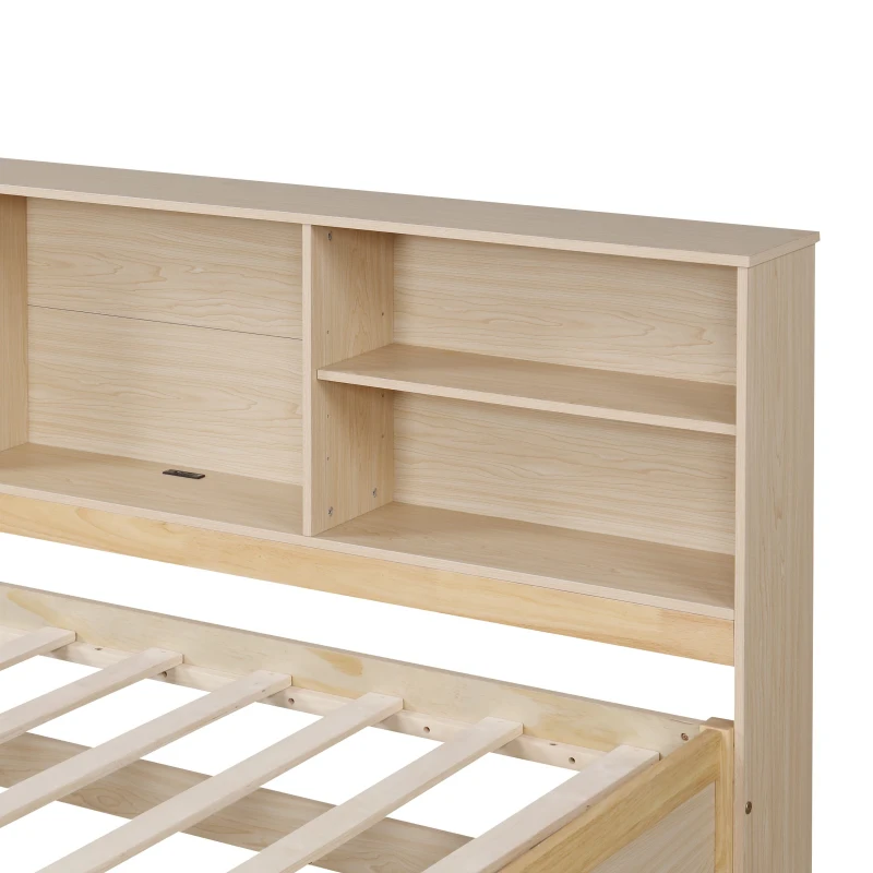 Twin Size Bed Frame with Side Bookshelves, Two Drawers, Built-in USB Port, and Adjustable Shelves, 81" L x 50" W x 41" H, Natural