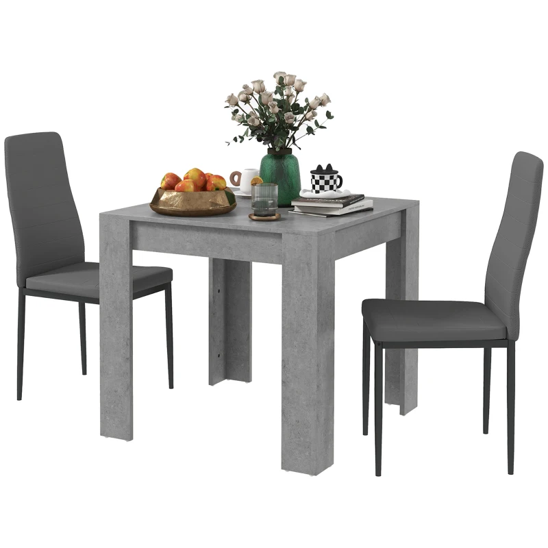 HOMCOM Dining Table Set for 2, Square Kitchen Table and Chairs, Dining Room Table and PU Leather Upholstered Chairs, Grey