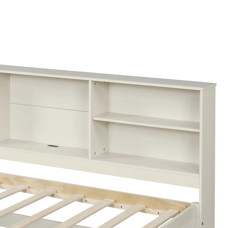 Twin Size Bed Frame with Side Bookshelves, Built-in USB Port, Type C Ports, Two Drawers for Extra Storage, 81" L x 50" W x 41" H, White