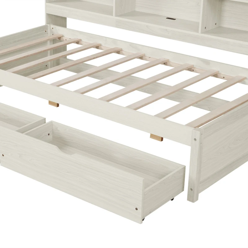 Twin Size Bed Frame with Side Bookshelves, Built-in USB Port, Type C Ports, Two Drawers for Extra Storage, 81" L x 50" W x 41" H, White