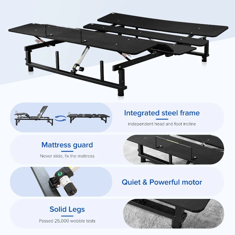Adjustable Queen Bed Base Frame with Head and Foot Incline, Wireless Remote, Zero Gravity, Quiet Motor, 79" L x 59" W x 13" H, Black