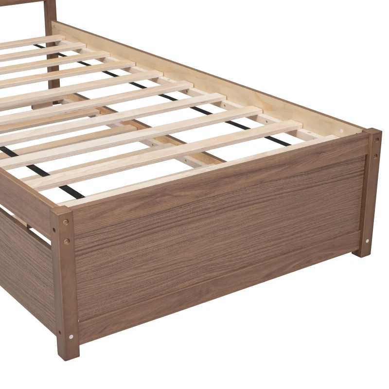 Modern Wooden Twin Size Platform Bed Frame with Trundle, Space-Saving Design, Rubber Wood Construction, 79.5" L x 42" W x 35.5" H, Walnut