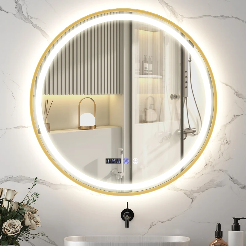HOMCOM 28" Round Bathroom Mirror with LED Lights, Wall Mounted Vanity Mirror with Anti-Fog Pad, Time and Temp Display, Gold