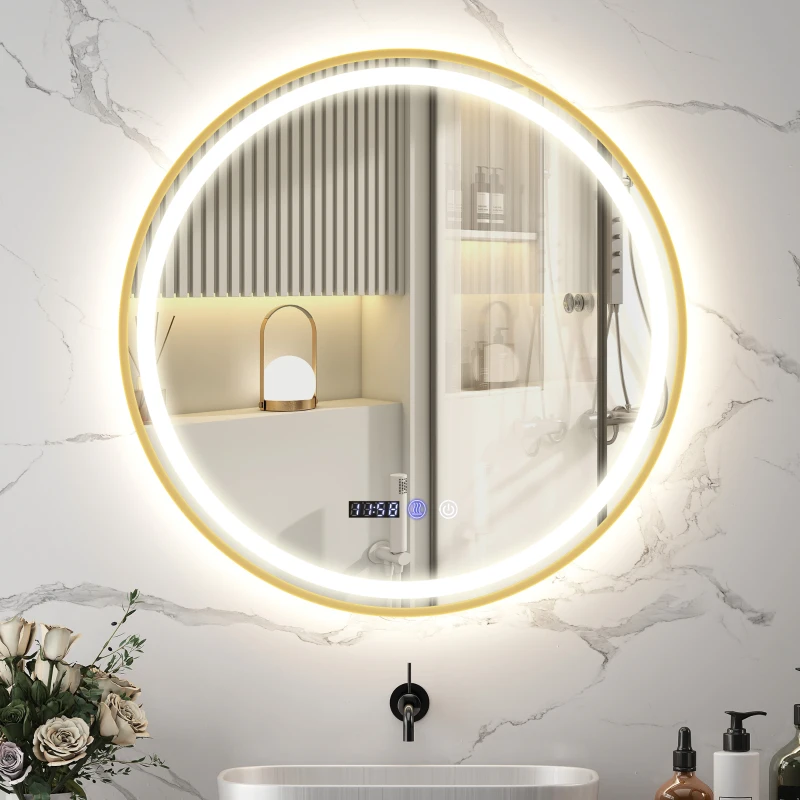 HOMCOM 24" Round Bathroom Mirror with LED Lights, Wall Mounted Vanity Mirror with Anti-Fog Pad, Time and Temp Display, Gold