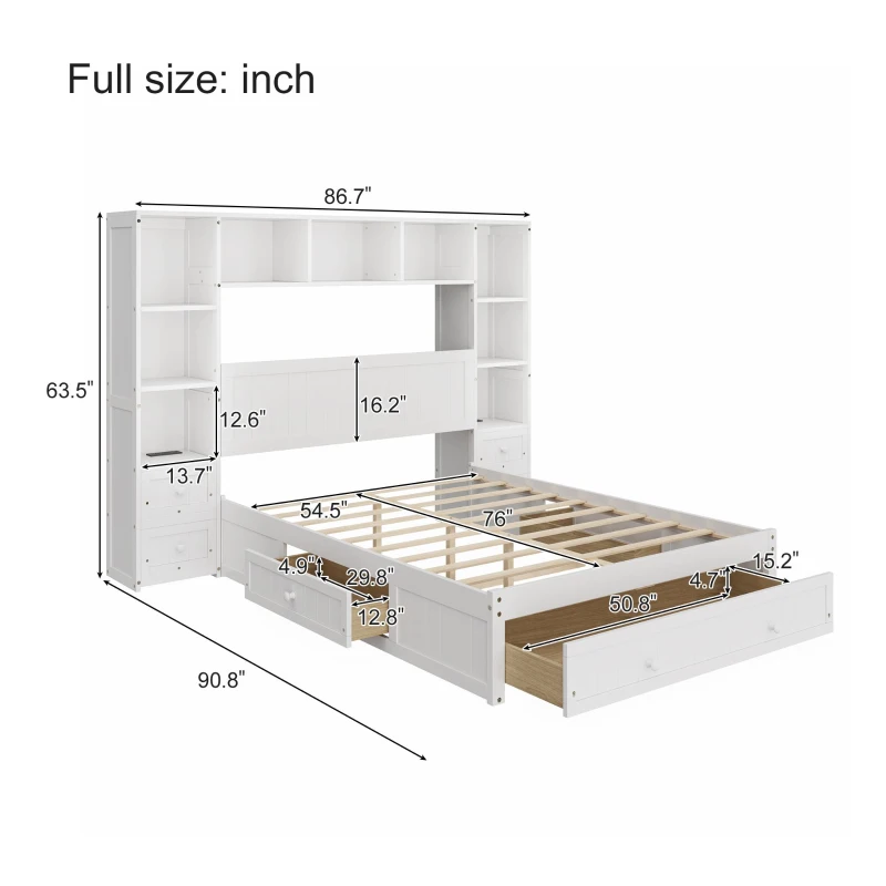 Full Size Pine Wood Platform Bed with Nightstands, Storage Shelf, Cabinet, Captain Bed Frame with Drawers, 91" L x 87" W x 63.5" H, White