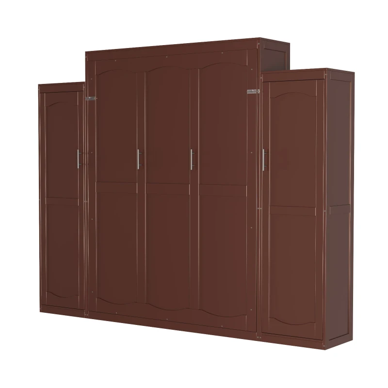 Queen Size Murphy Bed with 2 Wardrobes, Foldable Platform Bed Frame with Storage Shelf, 89" L x 110.5" W x 88.5" H, Walnut