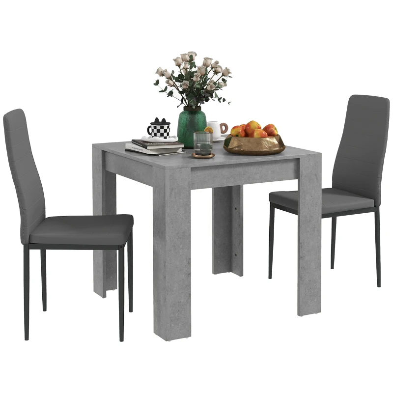 HOMCOM Dining Table Set for 2, Square Kitchen Table and Chairs, Dining Room Table and PU Leather Upholstered Chairs, Grey