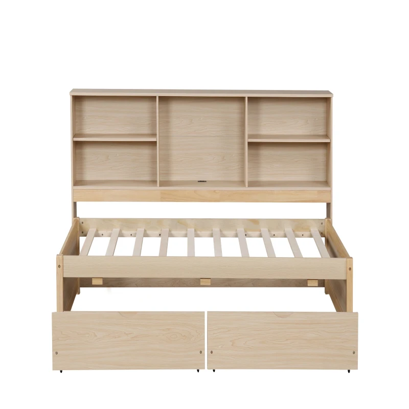 Twin Size Bed Frame with Side Bookshelves, Two Drawers, Built-in USB Port, and Adjustable Shelves, 81" L x 50" W x 41" H, Natural