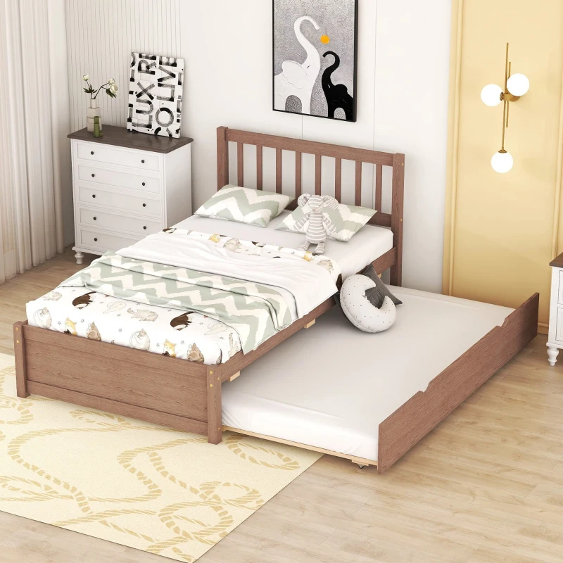 Modern Wooden Twin Size Platform Bed Frame with Trundle, Space-Saving Design, Rubber Wood Construction, 79.5" L x 42" W x 35.5" H, Walnut