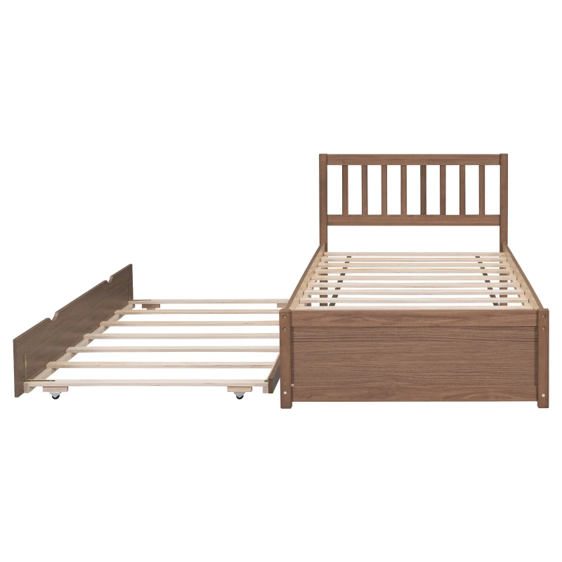 Modern Wooden Twin Size Platform Bed Frame with Trundle, Space-Saving Design, Rubber Wood Construction, 79.5" L x 42" W x 35.5" H, Walnut