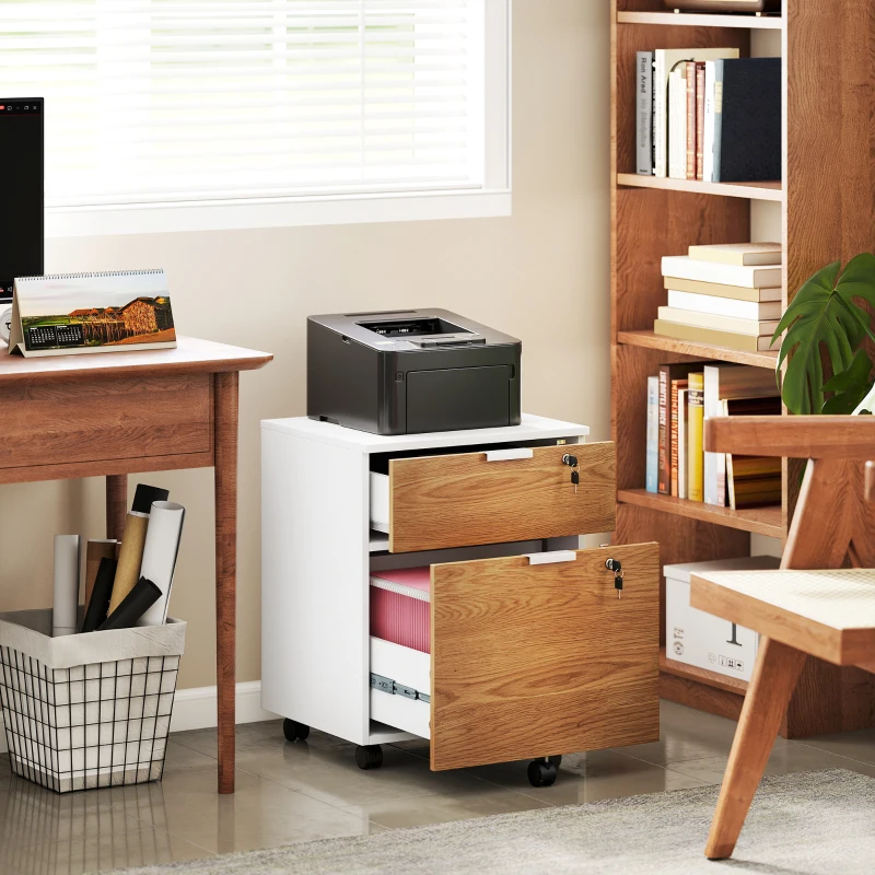 HOMCOM 2 Drawer Small Filing Cabinet Lockable Office Storage Cabinet with Hanging Bars for A4 Legal Letter White Nature Wood