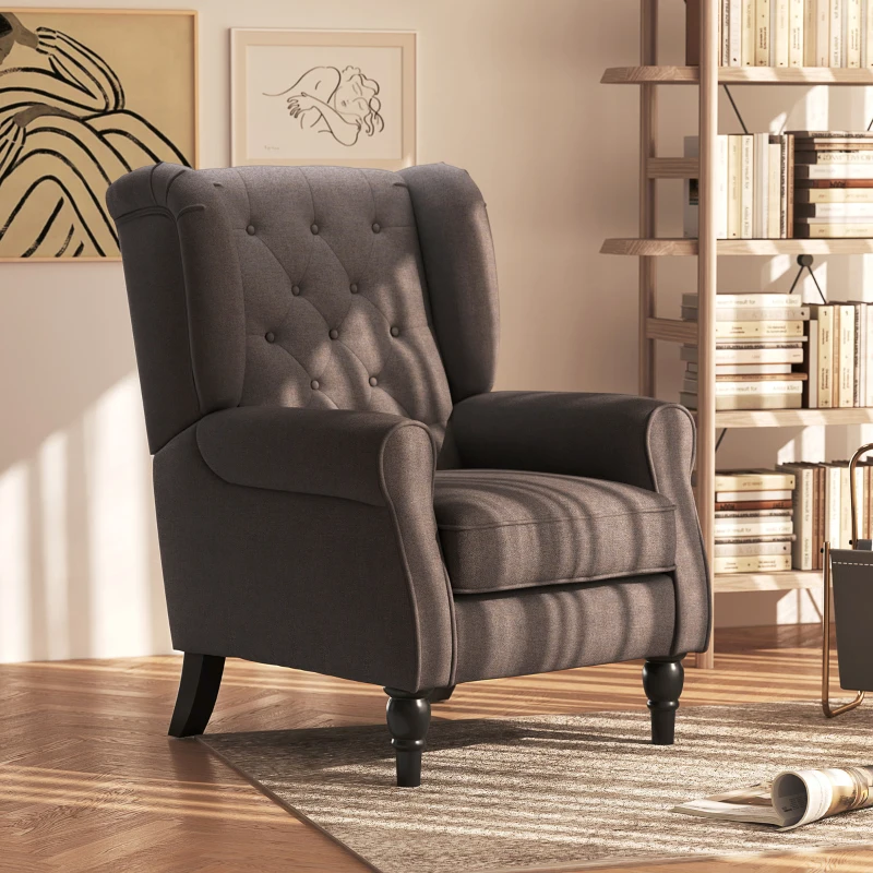 HOMCOM Fabric Accent Chair, Button Tufted Armchair, Upholstered Modern Living Room Chair, Wingback Chair with Wood Legs, Rolled Arms, Thick Padding for Bedroom, Brown
