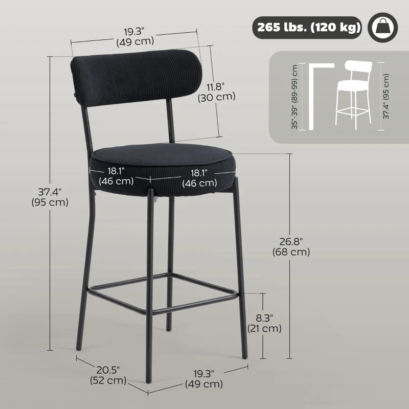 HOMCOM Set of 2 Barstools, Upholstered Corduroy Bar Stools with Backrest, Footrest for Kitchen Island, Dining Room, Black