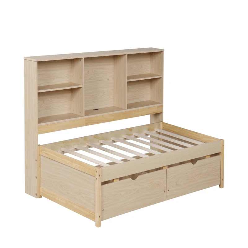 Twin Size Bed Frame with Side Bookshelves, Two Drawers, Built-in USB Port, and Adjustable Shelves, 81" L x 50" W x 41" H, Natural