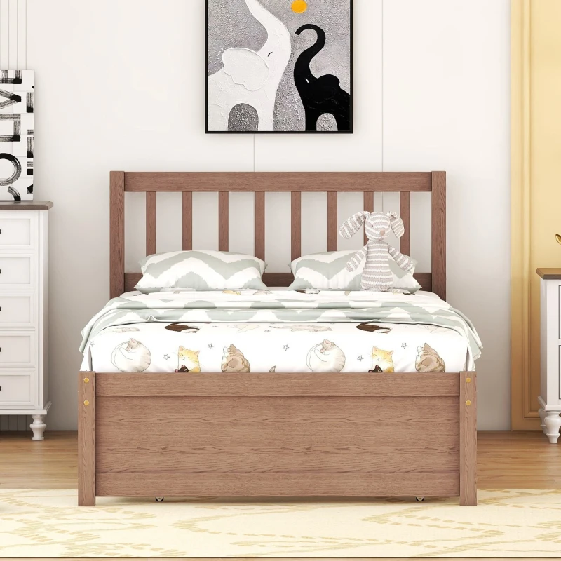 Modern Wooden Twin Size Platform Bed Frame with Trundle, Space-Saving Design, Rubber Wood Construction, 79.5" L x 42" W x 35.5" H, Walnut