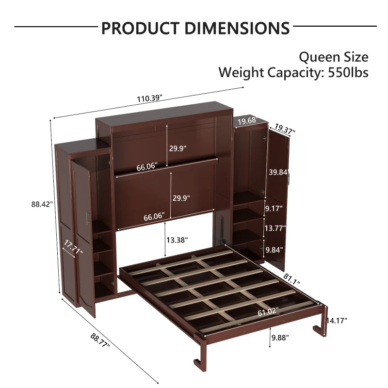 Queen Size Murphy Bed with 2 Wardrobes, Foldable Platform Bed Frame with Storage Shelf, 89" L x 110.5" W x 88.5" H, Walnut