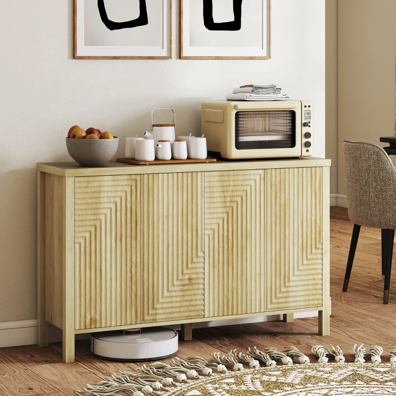 HOMCOM 47" Buffet Cabinet with Storage, Fluted Sideboard with Push to Open Design, 2 Adjustable Shelves and 4 Doors, Natural
