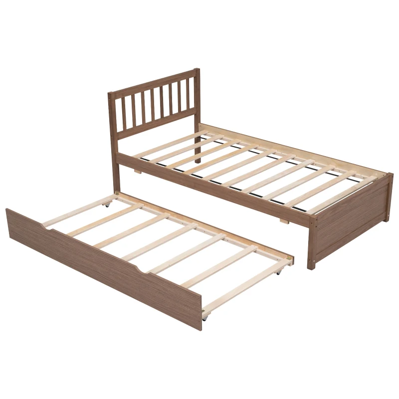 Modern Wooden Twin Size Platform Bed Frame with Trundle, Space-Saving Design, Rubber Wood Construction, 79.5" L x 42" W x 35.5" H, Walnut