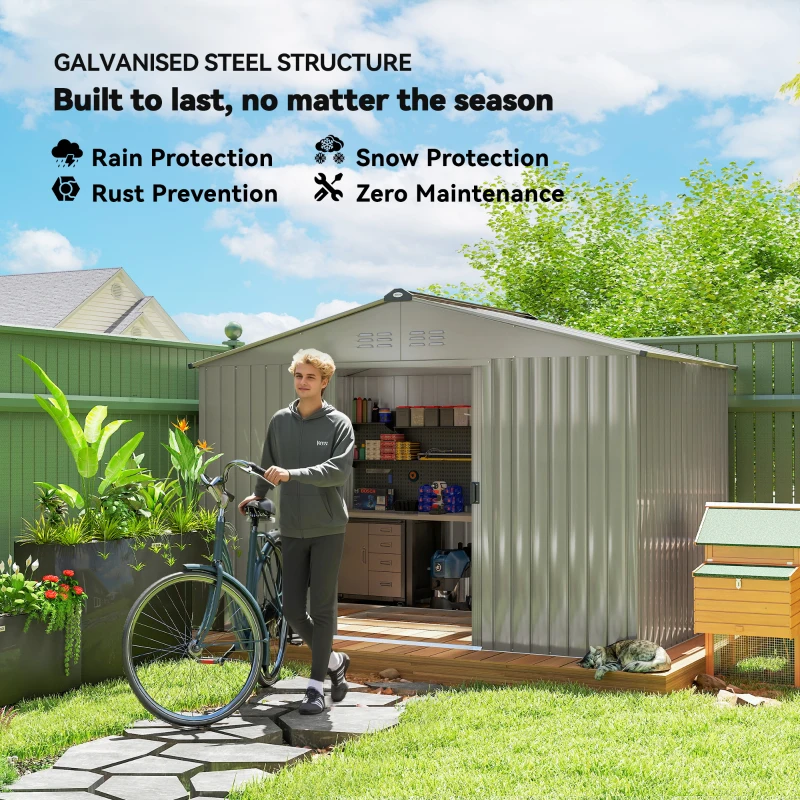 Outsunny 9.1' x 6.4' x 6.3' Garden Storage Shed w/ Foundation Kit Metal Tool Storage House w/ Double Doors Grey