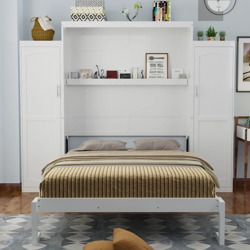 Full Size Murphy Bed with 2 Wardrobes and Storage Shelf, Multifunctional Foldable Platform Bedframe for Guest Room, 83" L x 104" W x 82.5" H, White