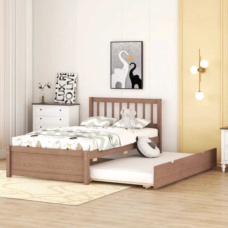 Modern Wooden Twin Size Platform Bed Frame with Trundle, Space-Saving Design, Rubber Wood Construction, 79.5" L x 42" W x 35.5" H, Walnut