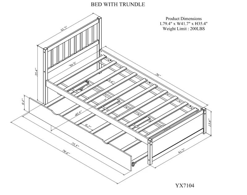 Modern Wooden Twin Size Platform Bed Frame with Trundle, Space-Saving Design, Rubber Wood Construction, 79.5" L x 42" W x 35.5" H, Walnut