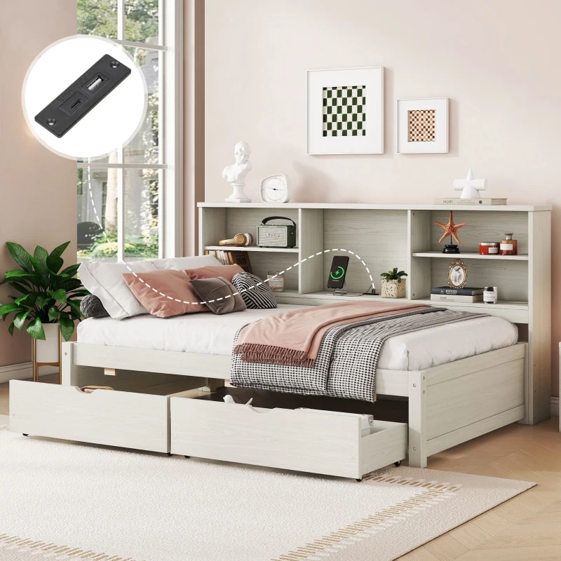 Twin Size Bed Frame with Side Bookshelves, Built-in USB Port, Type C Ports, Two Drawers for Extra Storage, 81" L x 50" W x 41" H, White
