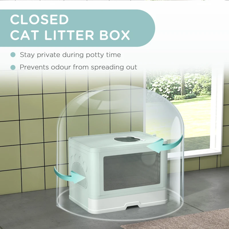 PawHut Cat Litter Box, Front Enter & Top Exit Cat Litter Tray with Scoop, Pull-out Tray, Easy to Clean, Green