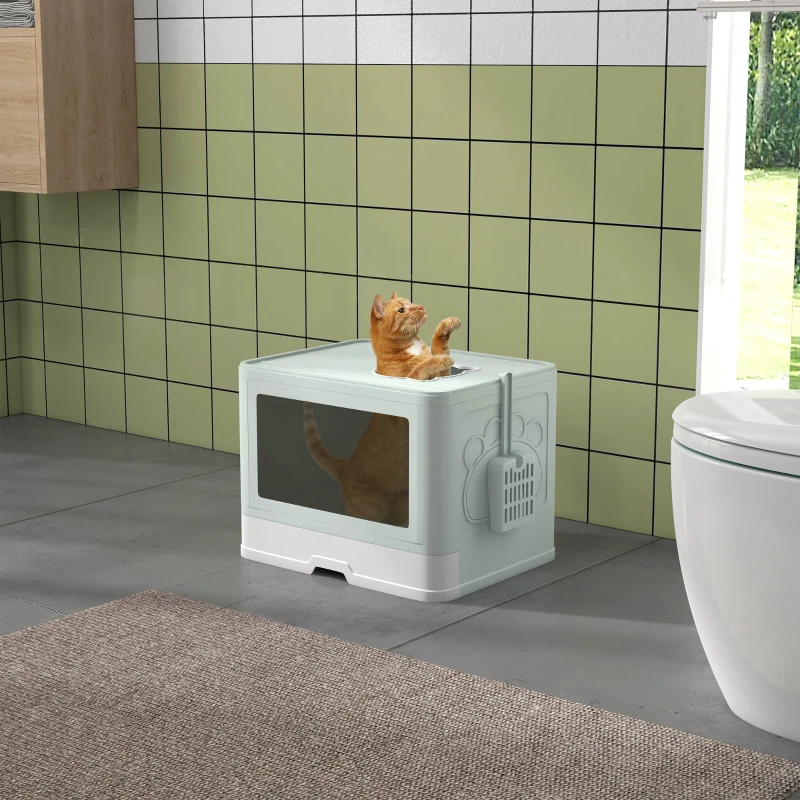 PawHut Cat Litter Box, Front Enter & Top Exit Cat Litter Tray with Scoop, Pull-out Tray, Easy to Clean, Green