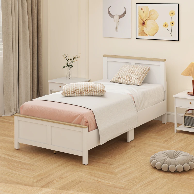 HOMCOM Twin Bed Frame with Headboard, Modern Platform Bed Frame with Wooden Slats, No Box Spring Needed, Easy Assembly, White