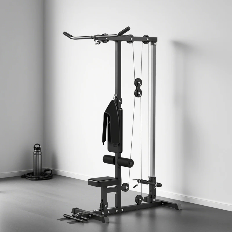 Soozier Lat Pull Down Machine, High / Low Pulley Machine with Adjustable Seat and Flip-Up Footplate, Black
