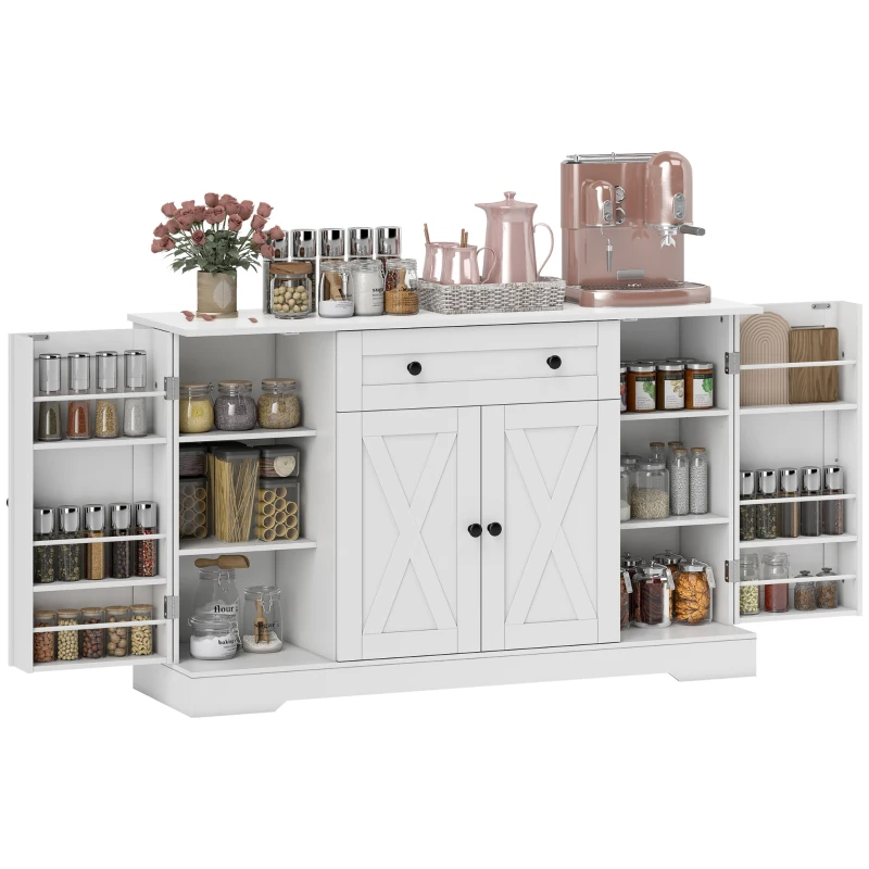 HOMCOM Sideboard Buffet Cabinet, Farmhouse Coffee Bar Cabinet with Door Shelves, Adjustable Shelves, Drawer, Barn Doors, White