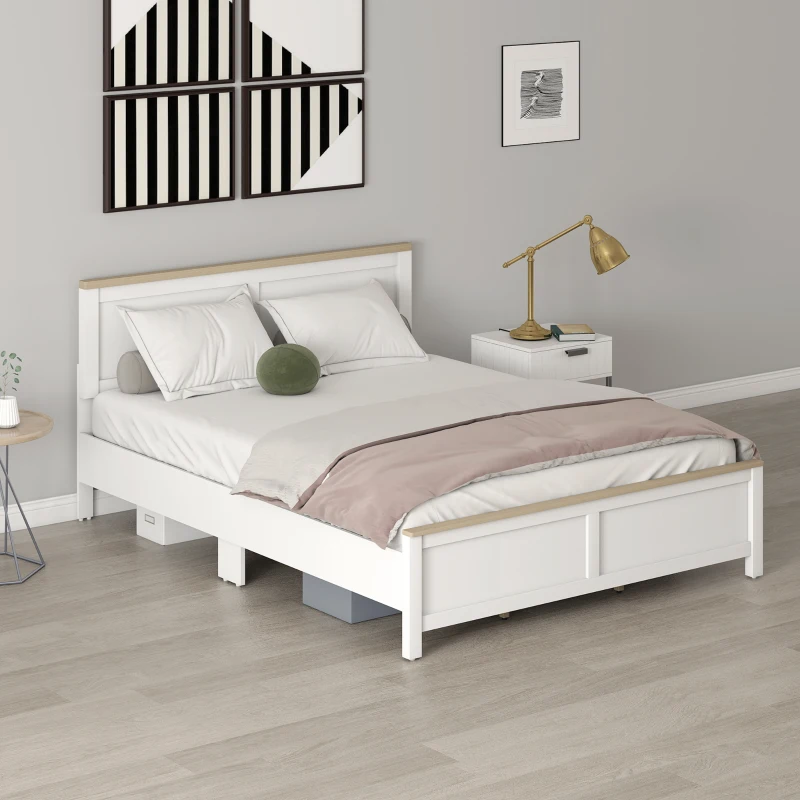 HOMCOM Queen Bed Frame with Headboard, Modern Platform Bed Frame with Wooden Slats, No Box Spring Needed, Easy Assembly, White