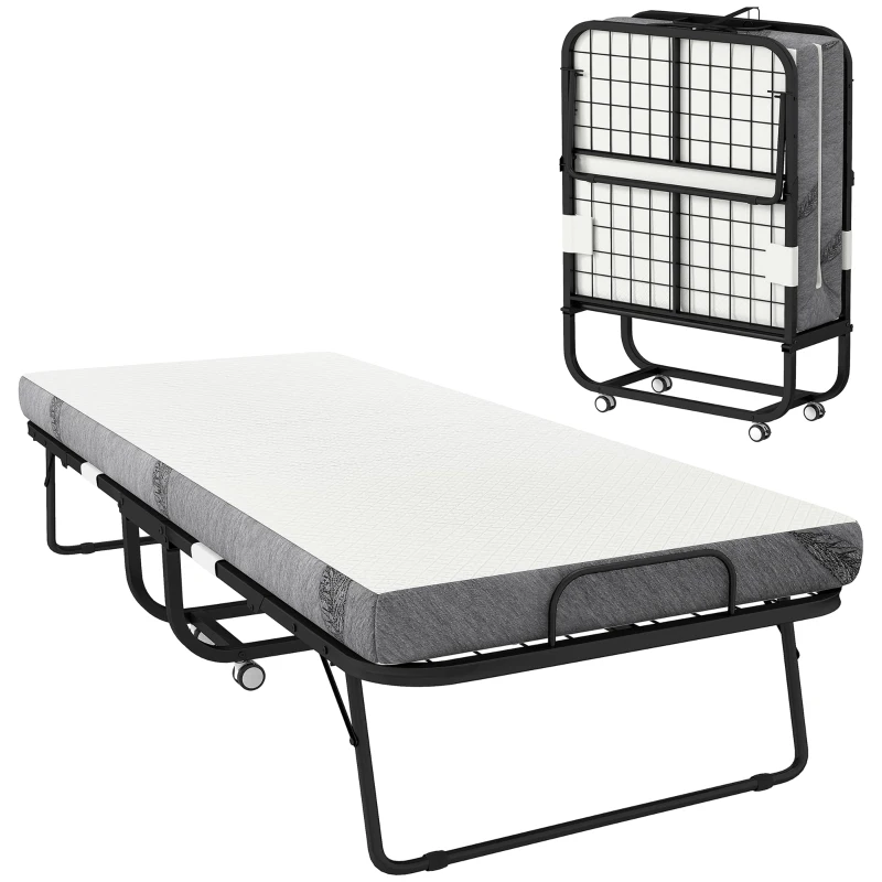 HOMCOM Folding Bed with Mattress for Adults, Single Size, Portable Foldable Bed with Super Strong Steel Frame, 78.75" x 31.5", Fold Up, Roll Away & Hideaway, White