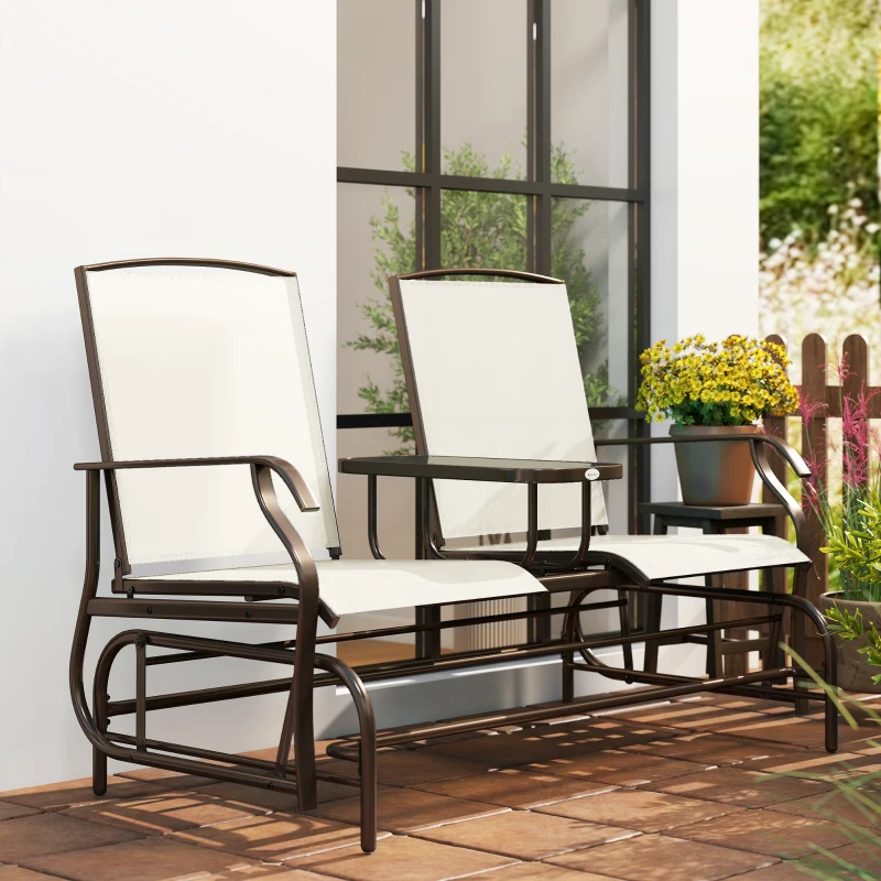 Outsunny Outdoor Glider Bench with Center Table, Metal Frame Patio Loveseat with Breathable Mesh Fabric and Armrests for Backyard Garden Porch, Beige