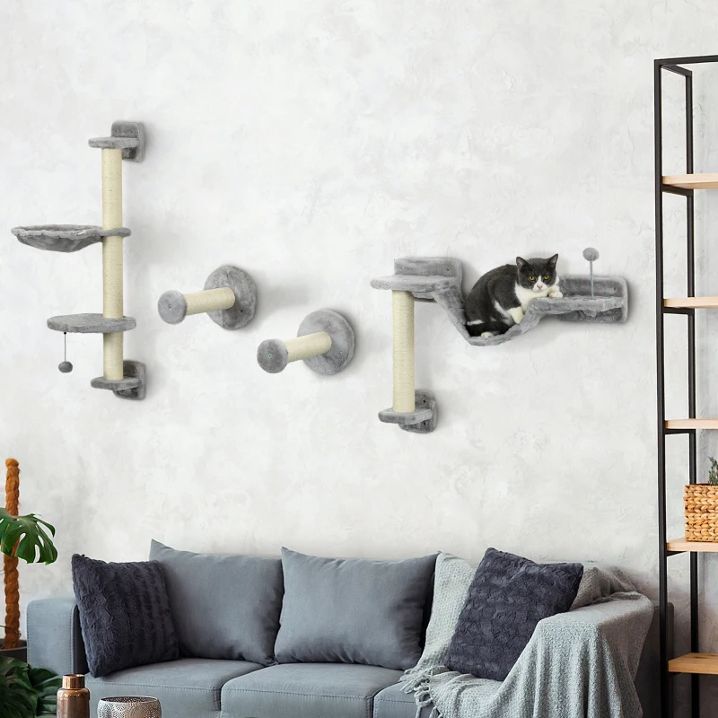PawHut 4PCs Cat Wall Shelves with Hammock, Scratching Post, Ladder, Steps, Platforms, Toy Balls, Grey