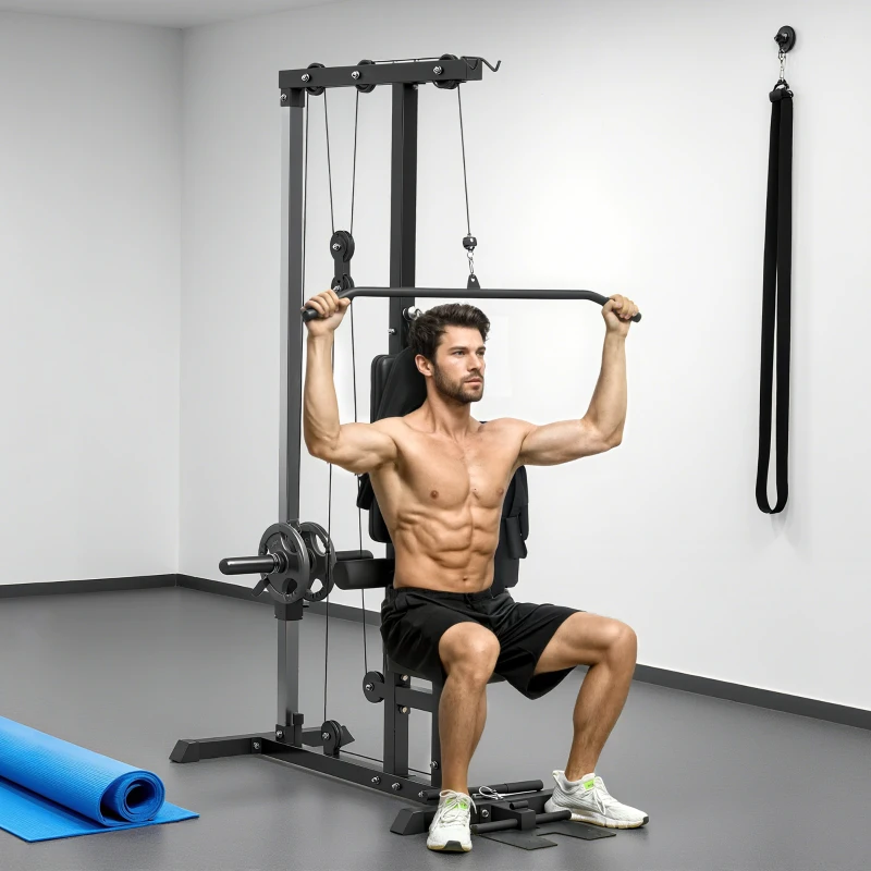 Soozier Lat Pull Down Machine, High / Low Pulley Machine with Adjustable Seat and Flip-Up Footplate, Black